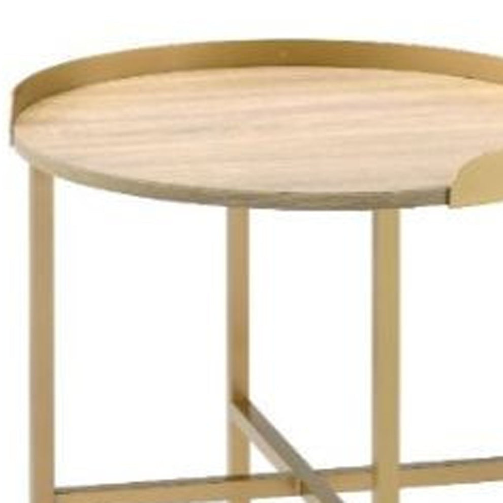 22" Gold And Oak Manufactured Wood And Metal Round End Table By Homeroots | End Tables | Modishstore - 3