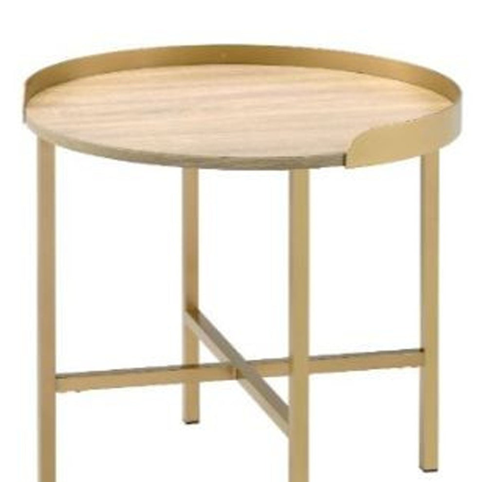 22" Gold And Oak Manufactured Wood And Metal Round End Table By Homeroots | End Tables | Modishstore - 4