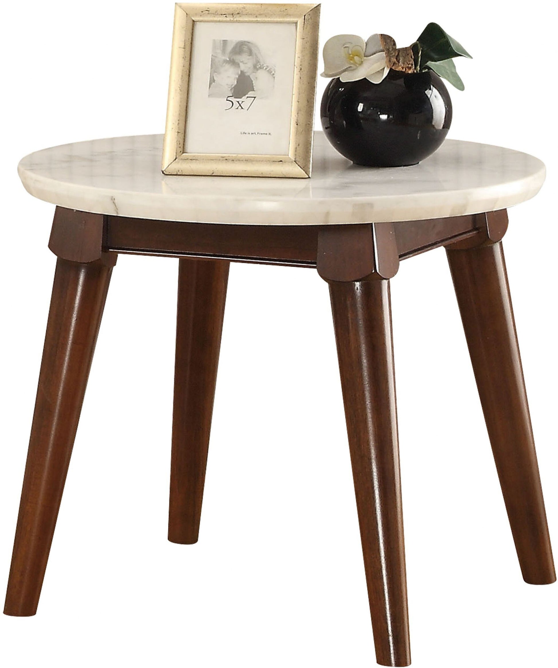 22" Walnut And White Faux Marble Round End Table By Homeroots | End Tables | Modishstore