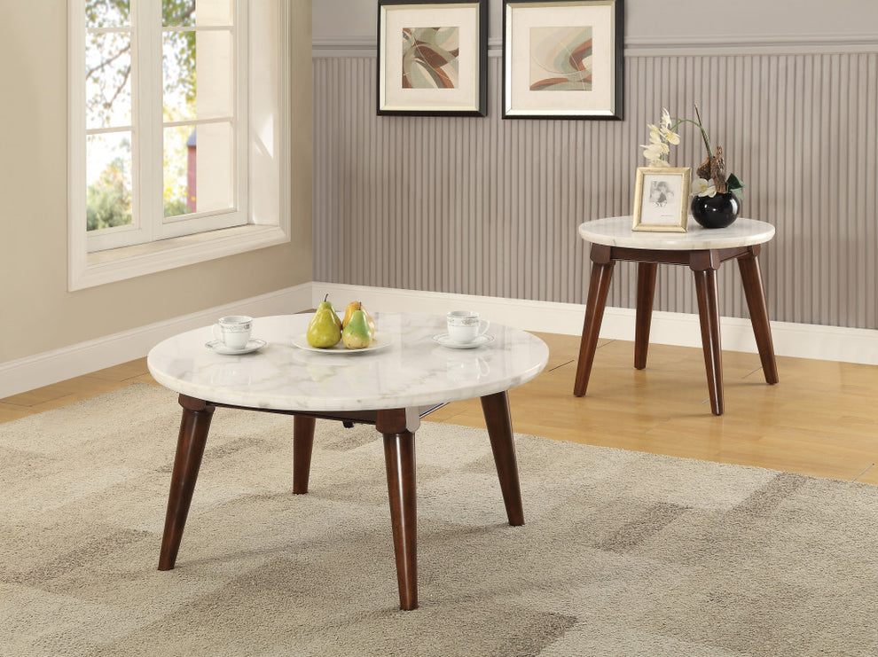 22" Walnut And White Faux Marble Round End Table By Homeroots | End Tables | Modishstore - 3
