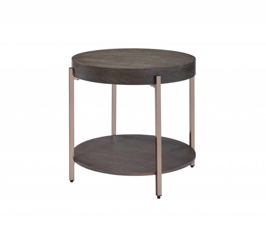 23" Champagne Metal And Dark Oak Manufactured Wood Round Two Tier End Table By Homeroots | End Tables | Modishstore