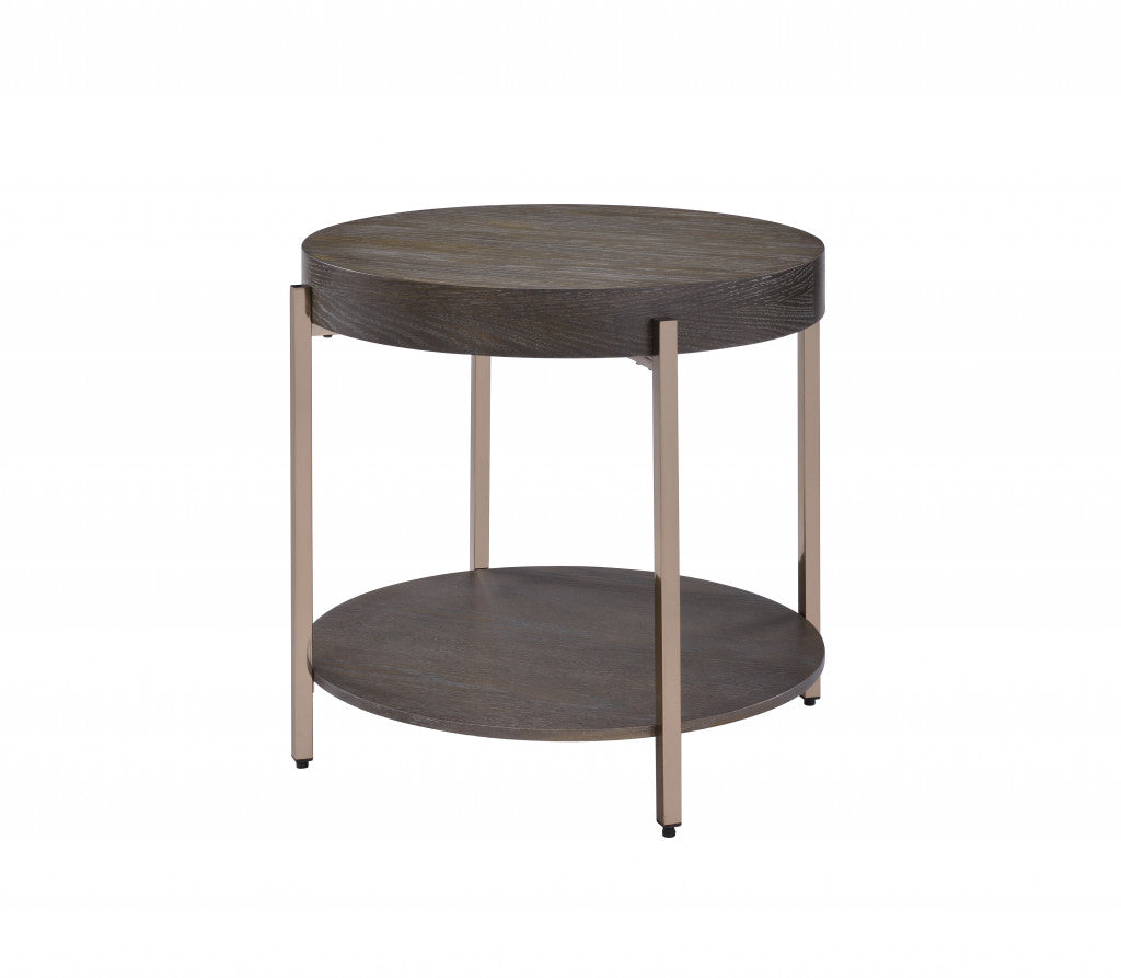 23" Champagne Metal And Dark Oak Manufactured Wood Round Two Tier End Table By Homeroots | End Tables | Modishstore - 2