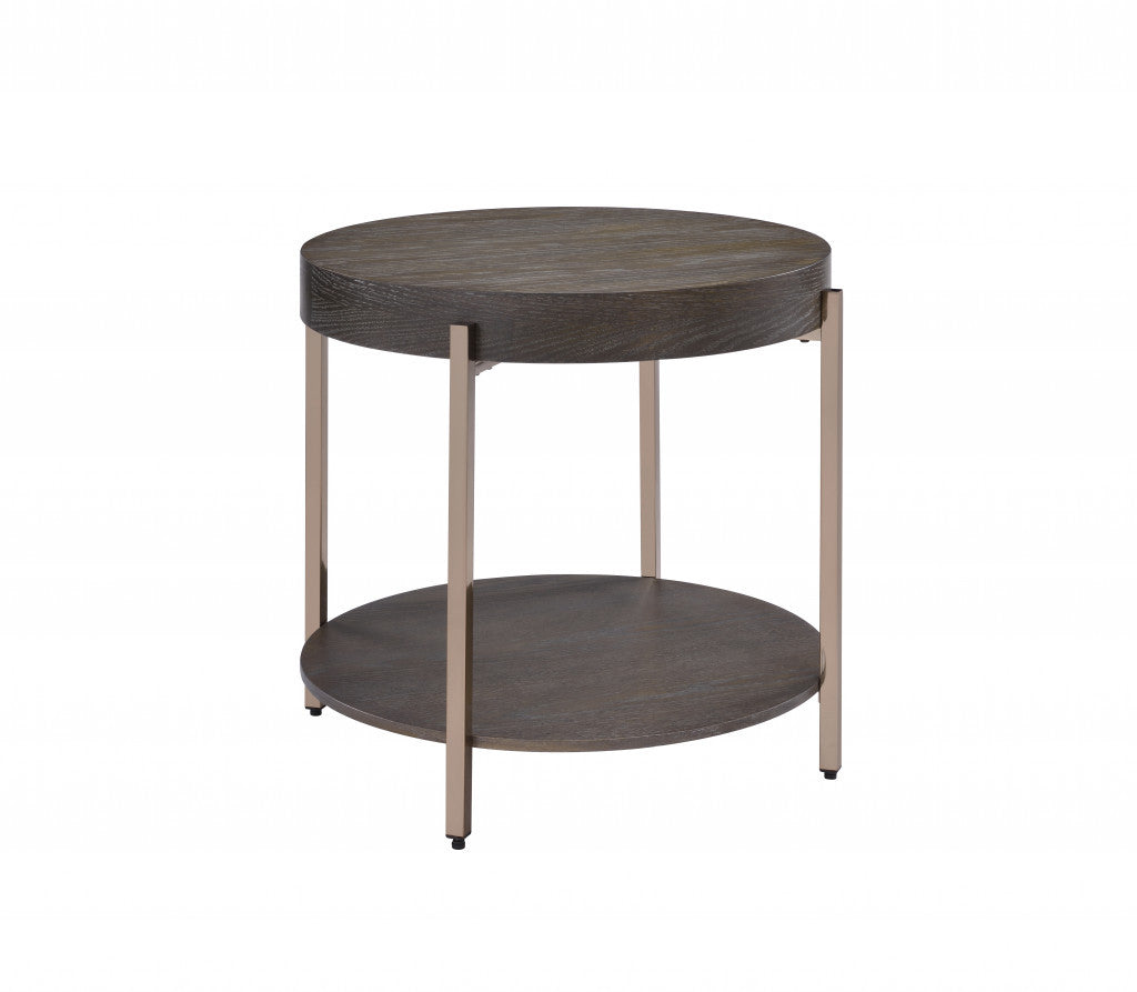 23" Champagne Metal And Dark Oak Manufactured Wood Round Two Tier End Table By Homeroots | End Tables | Modishstore - 3