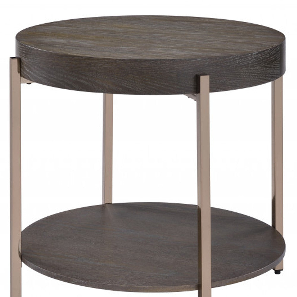 23" Champagne Metal And Dark Oak Manufactured Wood Round Two Tier End Table By Homeroots | End Tables | Modishstore - 5