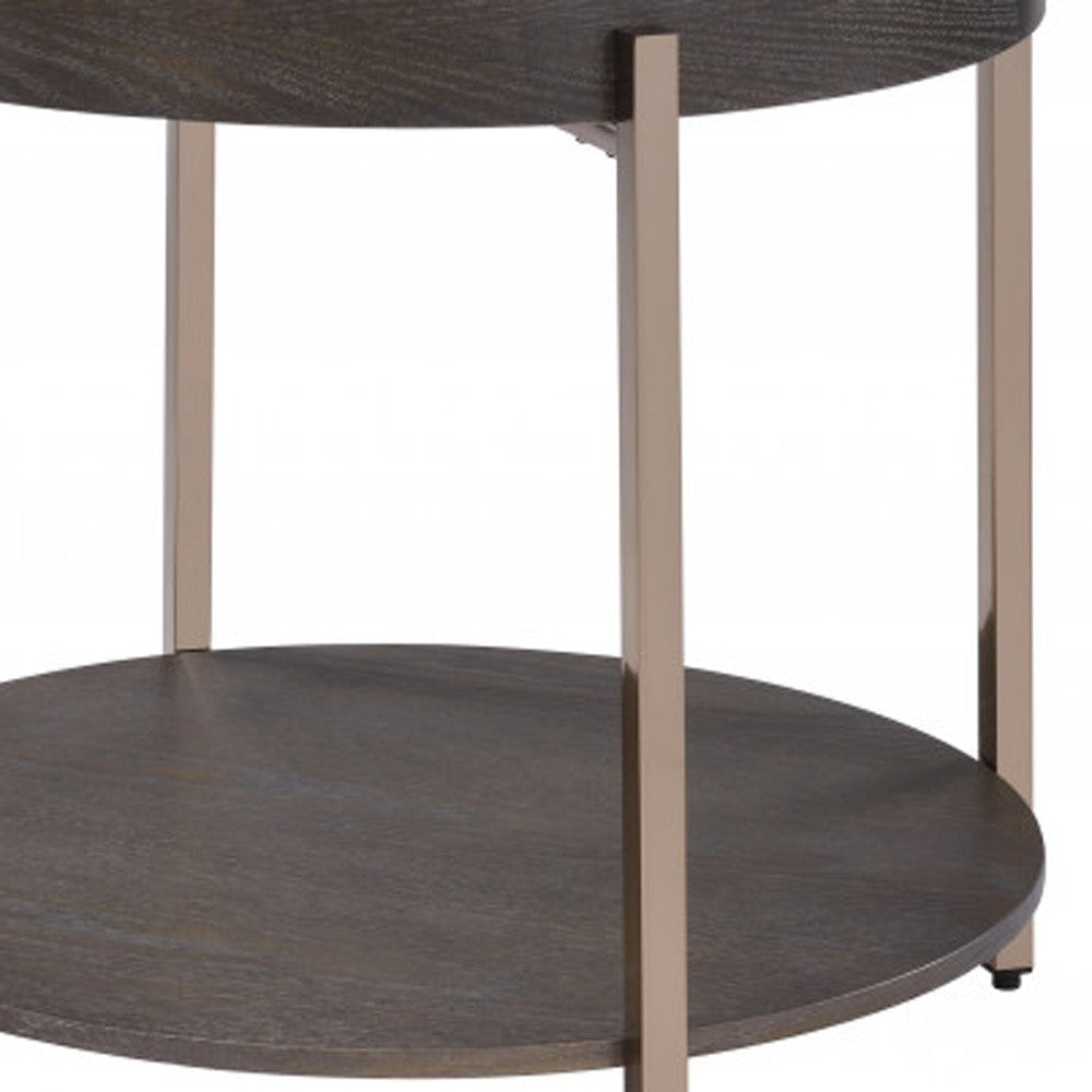 23" Champagne Metal And Dark Oak Manufactured Wood Round Two Tier End Table By Homeroots | End Tables | Modishstore - 5