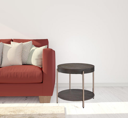 23" Champagne Metal And Dark Oak Manufactured Wood Round Two Tier End Table By Homeroots | End Tables | Modishstore