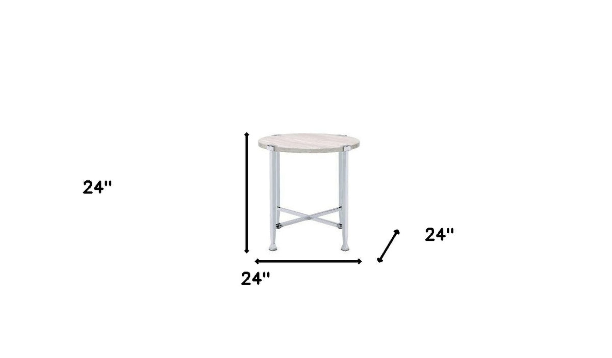 24" Chrome And White Oak Manufactured Wood And Metal Round End Table By Homeroots | End Tables | Modishstore - 6