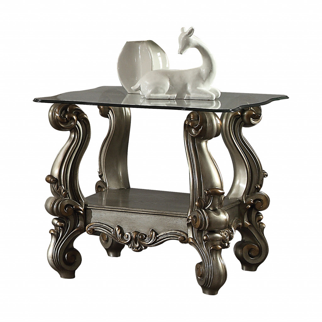 26" Antiqued Platinum Polyresin Scroll And Clear Glass Square End Table With Shelf By Homeroots | End Tables | Modishstore - 2