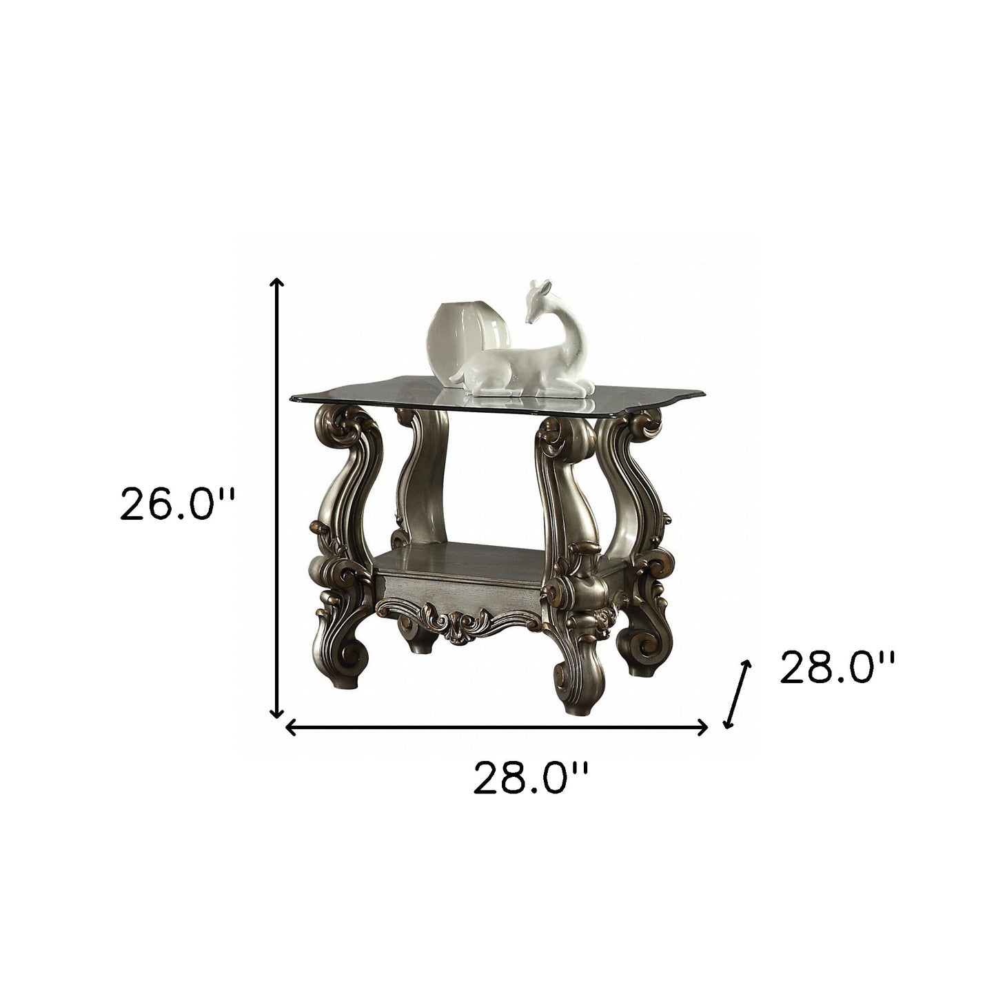 26" Antiqued Platinum Polyresin Scroll And Clear Glass Square End Table With Shelf By Homeroots | End Tables | Modishstore - 3