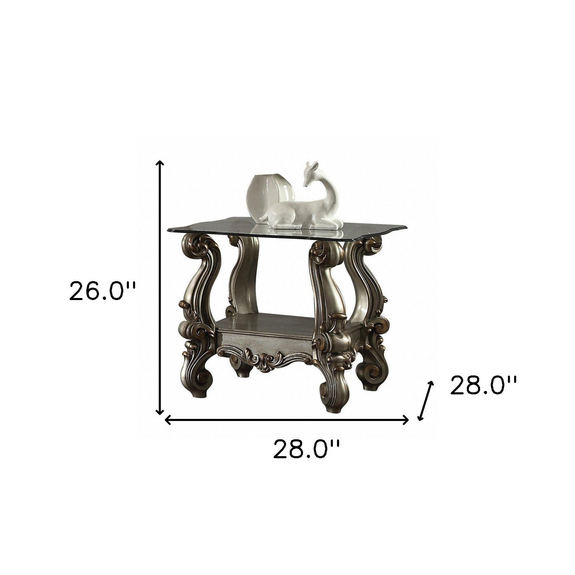 26" Antiqued Platinum Polyresin Scroll And Clear Glass Square End Table With Shelf By Homeroots | End Tables | Modishstore - 3