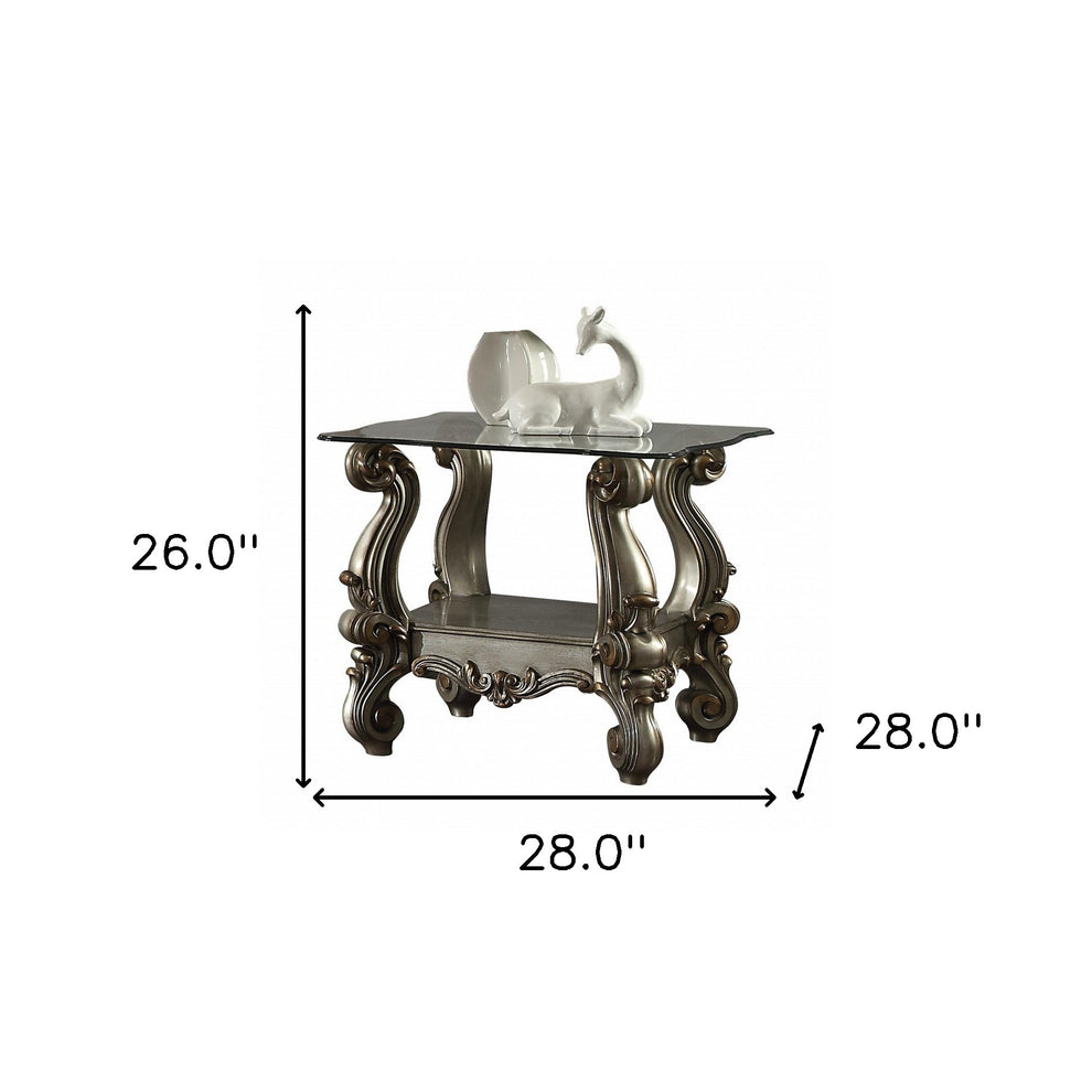 26" Antiqued Platinum Polyresin Scroll And Clear Glass Square End Table With Shelf By Homeroots | End Tables | Modishstore - 3