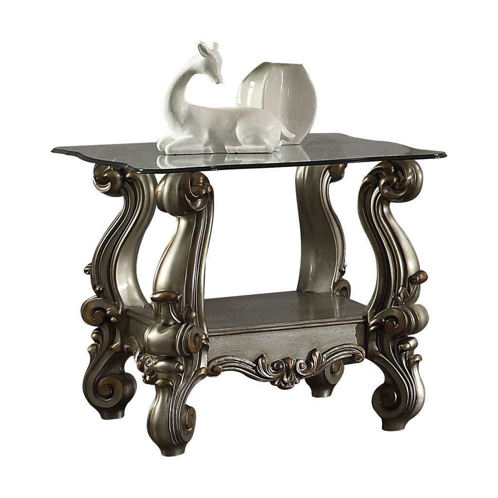 26" Antiqued Platinum Polyresin Scroll And Clear Glass Square End Table With Shelf By Homeroots | End Tables | Modishstore - 4
