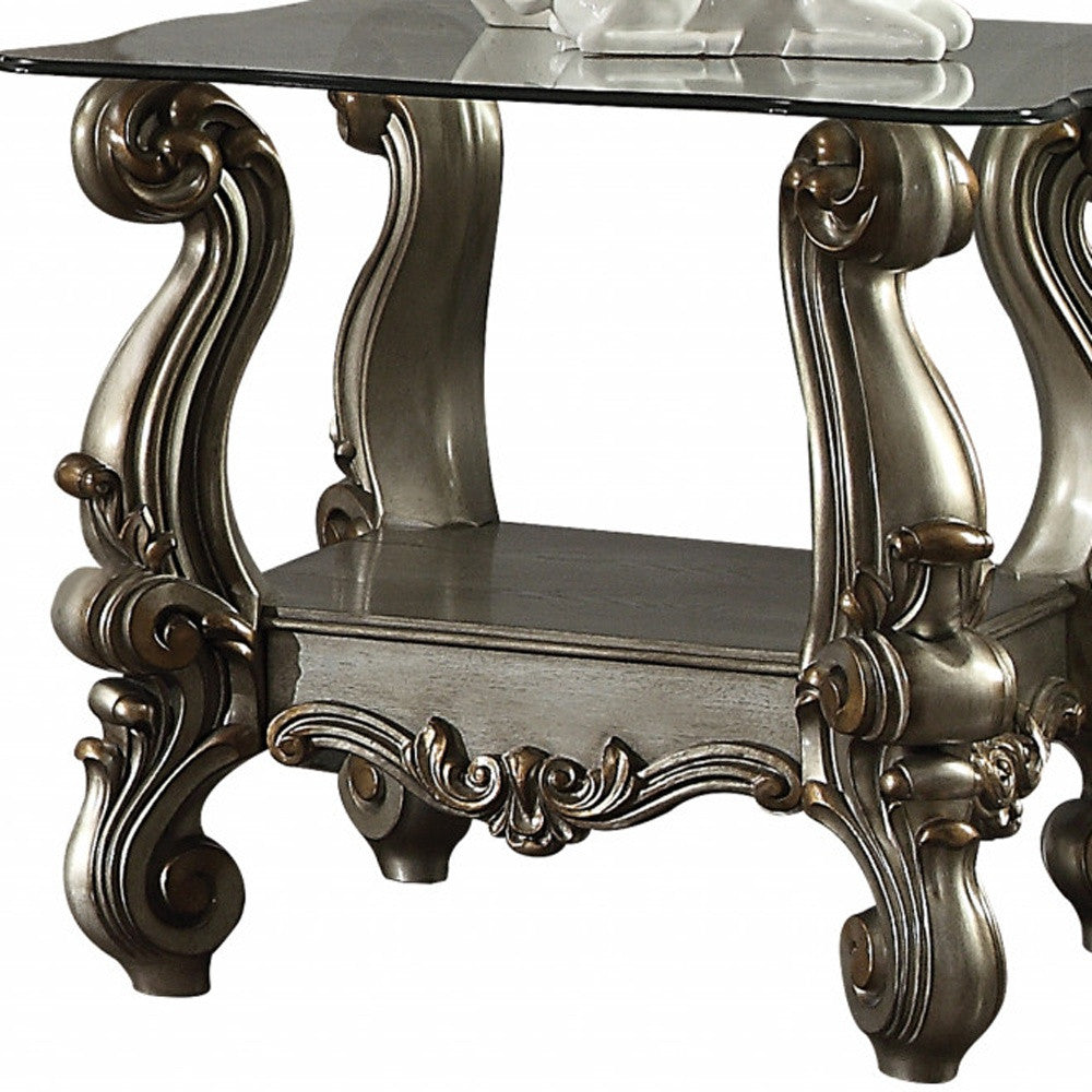 26" Antiqued Platinum Polyresin Scroll And Clear Glass Square End Table With Shelf By Homeroots | End Tables | Modishstore - 5