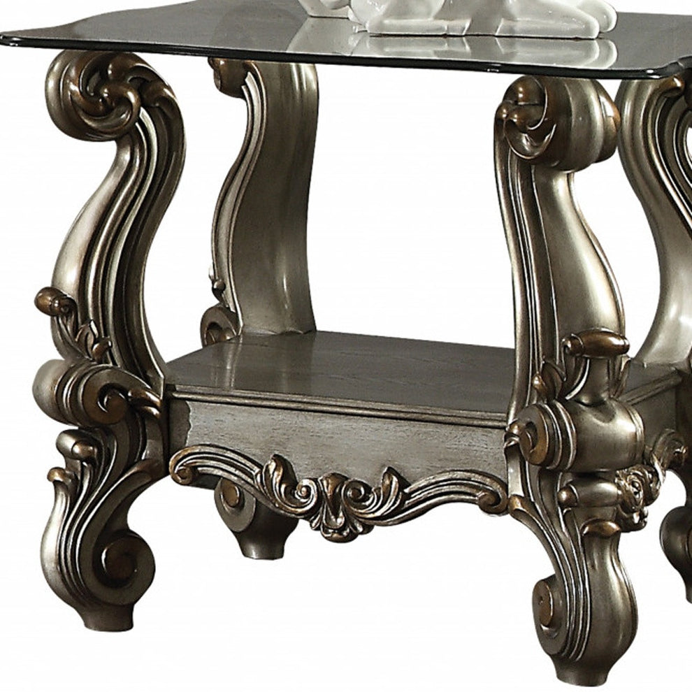 26" Antiqued Platinum Polyresin Scroll And Clear Glass Square End Table With Shelf By Homeroots | End Tables | Modishstore - 5