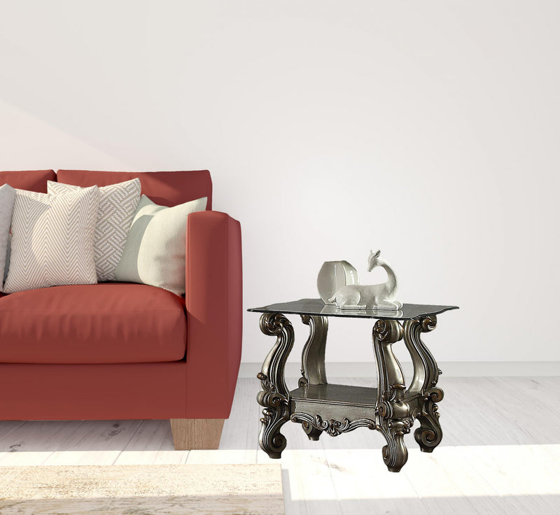 26" Antiqued Platinum Polyresin Scroll And Clear Glass Square End Table With Shelf By Homeroots | End Tables | Modishstore