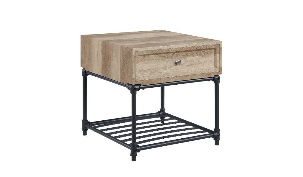 22" Sandy Black And Oak Manufactured Wood And Metal Square End Table With Drawer And Shelf By Homeroots | End Tables | Modishstore - 2