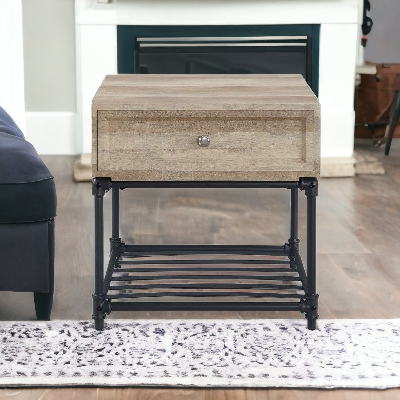 22" Sandy Black And Oak Manufactured Wood And Metal Square End Table With Drawer And Shelf By Homeroots | End Tables | Modishstore