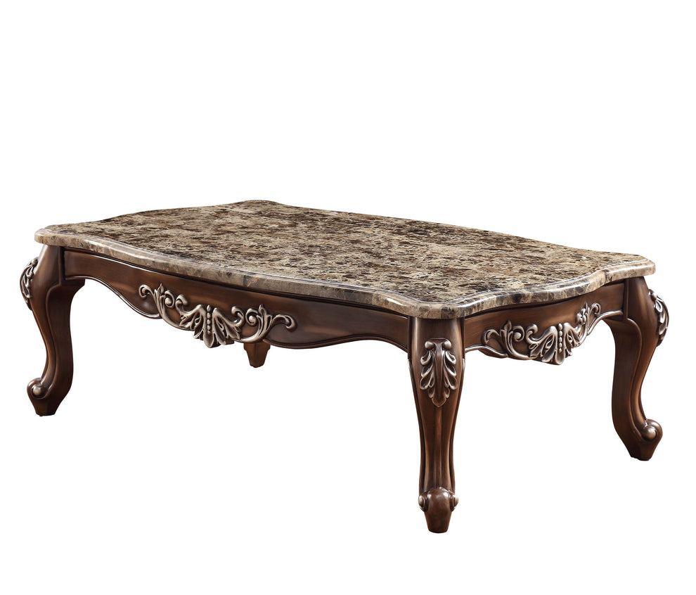 57" Antique Oak And Brown Marble Faux Marble Rectangular Coffee Table By Homeroots | Coffee Tables | Modishstore - 2