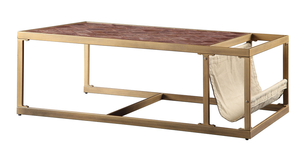 51" Brass And Retro Brown Leather Rectangular Coffee Table By Homeroots | Coffee Tables | Modishstore - 3