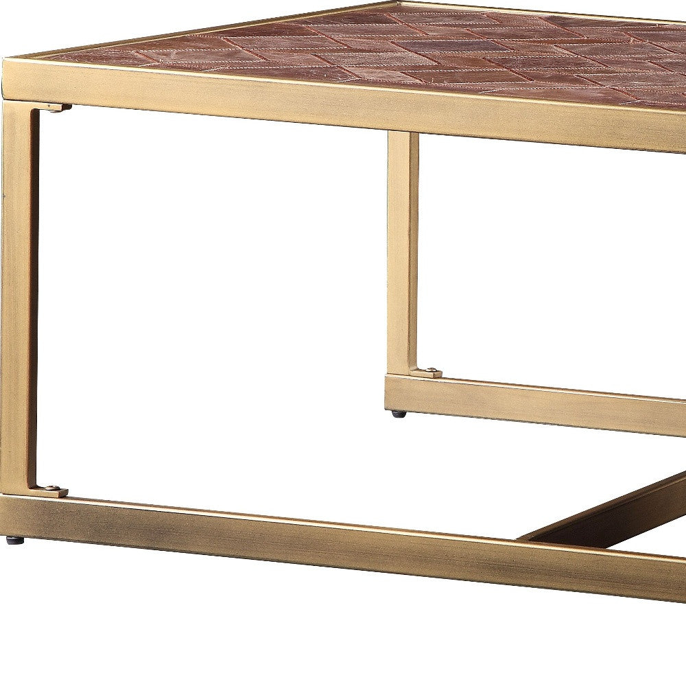 51" Brass And Retro Brown Leather Rectangular Coffee Table By Homeroots | Coffee Tables | Modishstore - 5