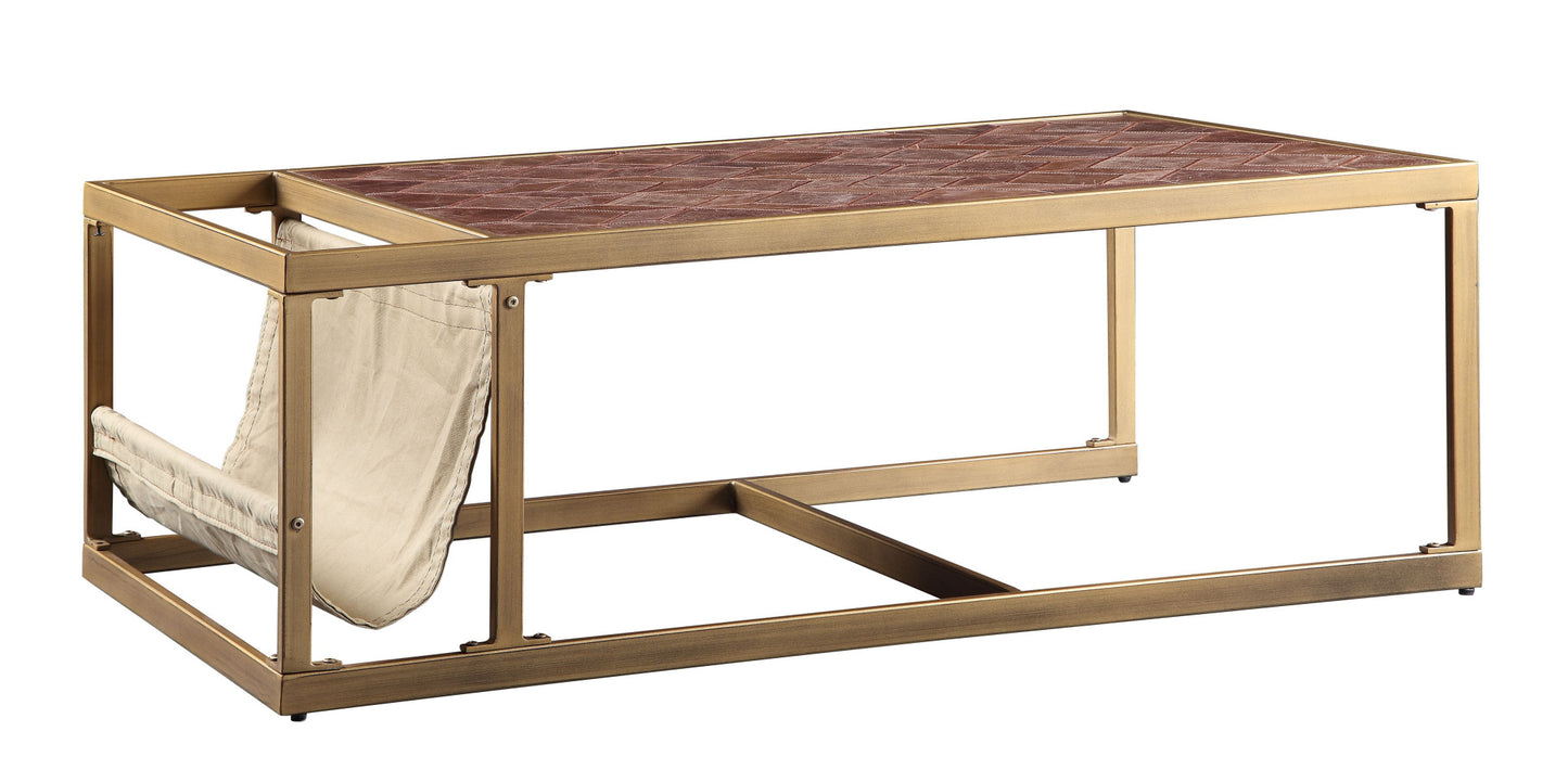 51" Brass And Retro Brown Leather Rectangular Coffee Table By Homeroots | Coffee Tables | Modishstore - 2