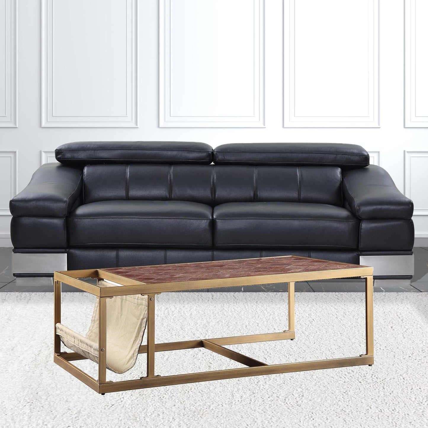 51" Brass And Retro Brown Leather Rectangular Coffee Table By Homeroots | Coffee Tables | Modishstore