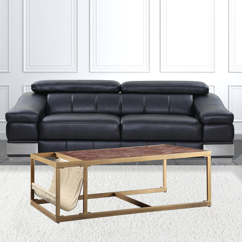 51" Brass And Retro Brown Leather Rectangular Coffee Table By Homeroots | Coffee Tables | Modishstore