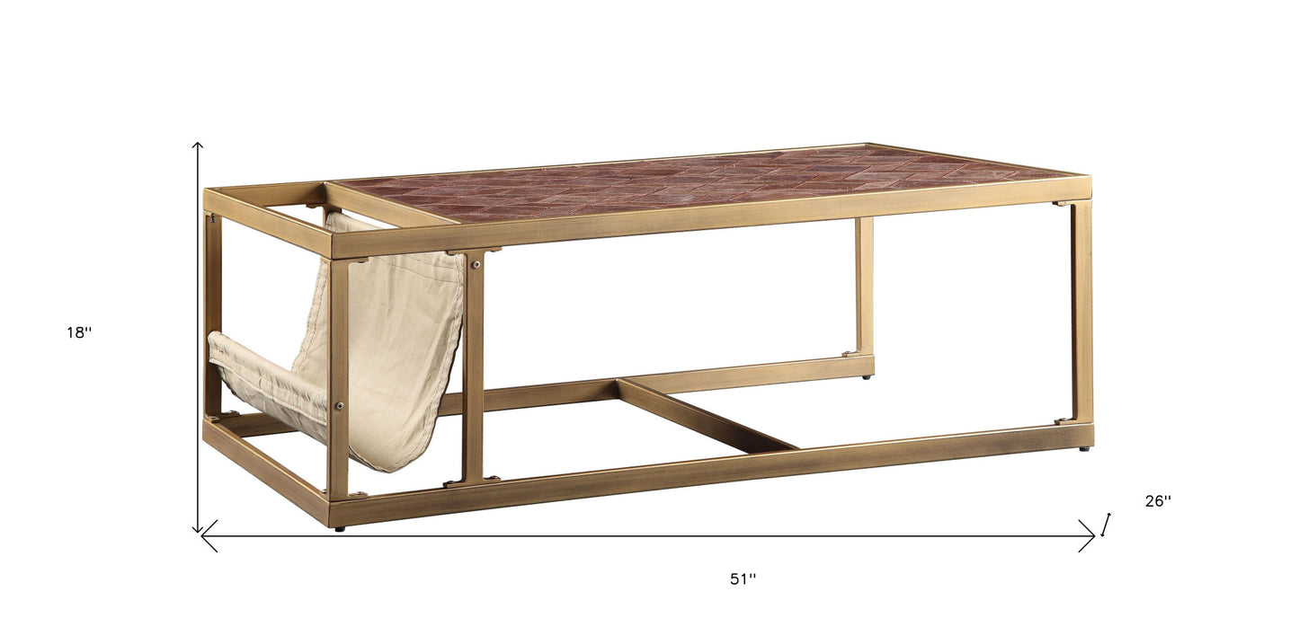 51" Brass And Retro Brown Leather Rectangular Coffee Table By Homeroots | Coffee Tables | Modishstore - 6