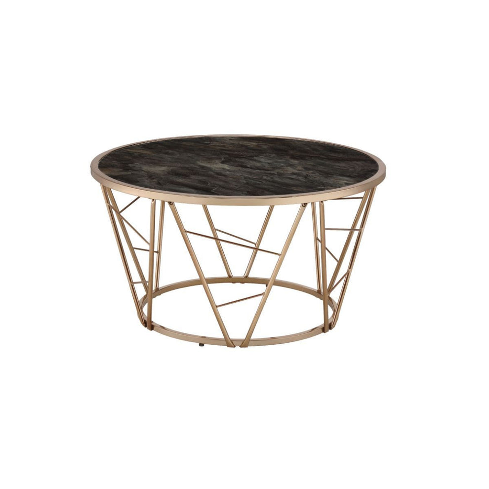33" Gold Steel And Faux Black Marble Round Top Coffee Table By Homeroots | Coffee Tables | Modishstore - 2