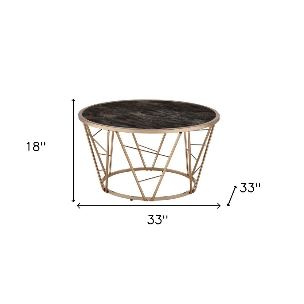33" Gold Steel And Faux Black Marble Round Top Coffee Table By Homeroots | Coffee Tables | Modishstore - 6
