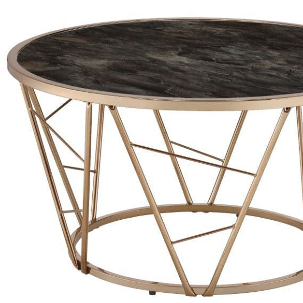 33" Gold Steel And Faux Black Marble Round Top Coffee Table By Homeroots | Coffee Tables | Modishstore - 5