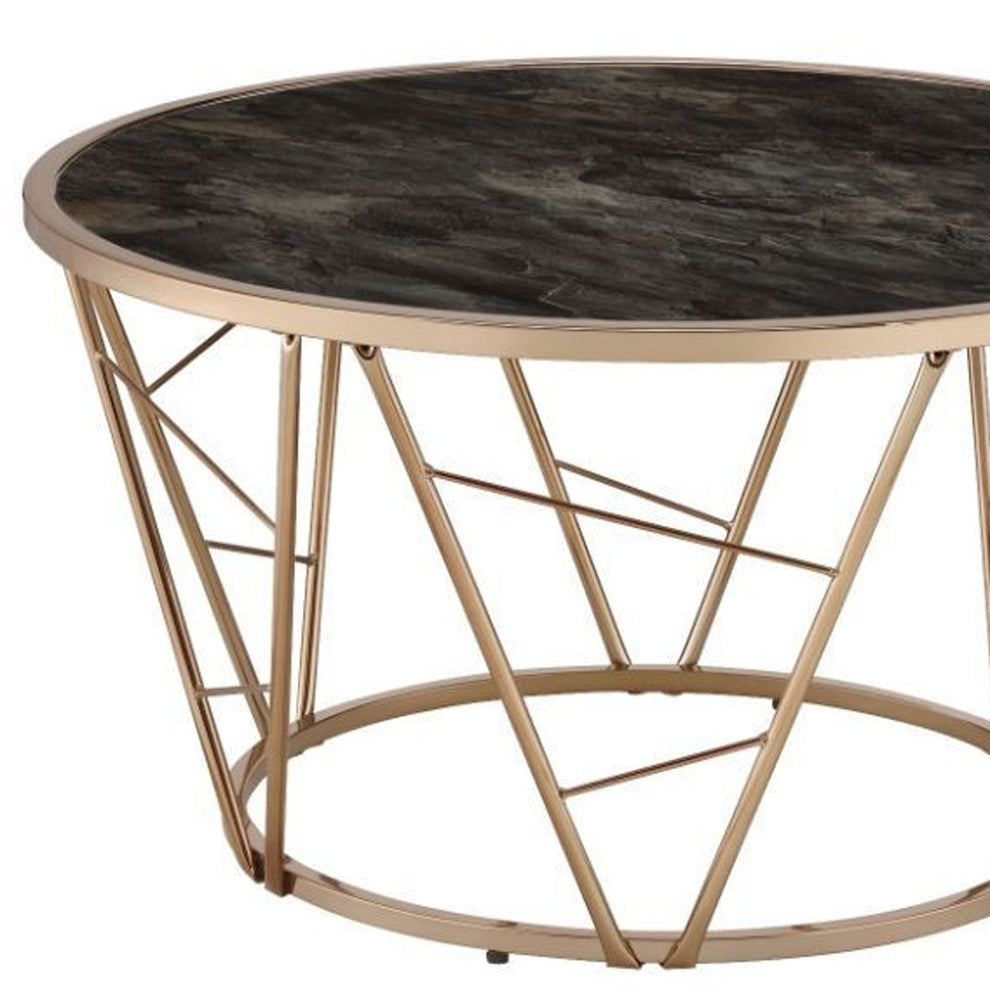33" Gold Steel And Faux Black Marble Round Top Coffee Table By Homeroots | Coffee Tables | Modishstore - 5