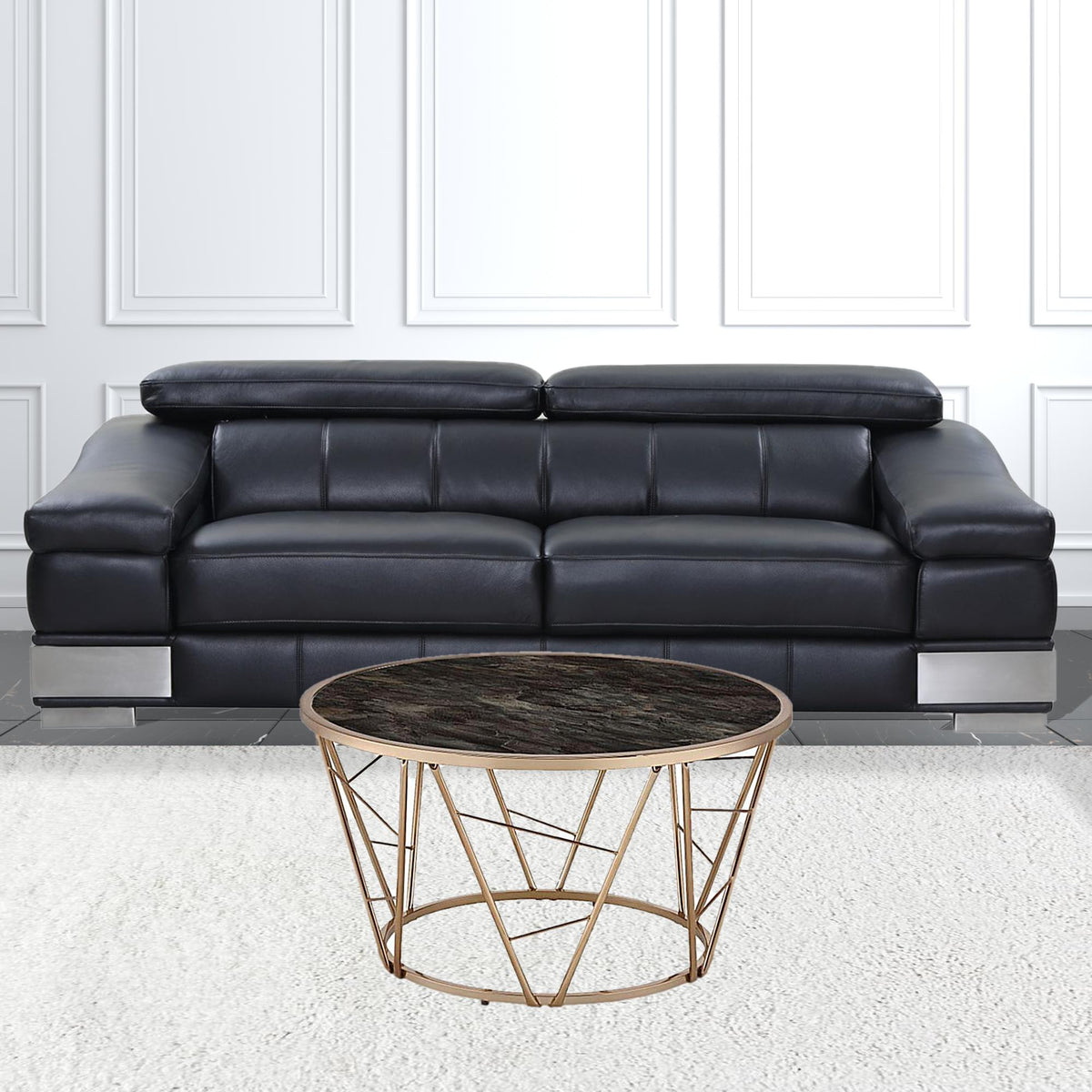 33" Gold Steel And Faux Black Marble Round Top Coffee Table By Homeroots | Coffee Tables | Modishstore