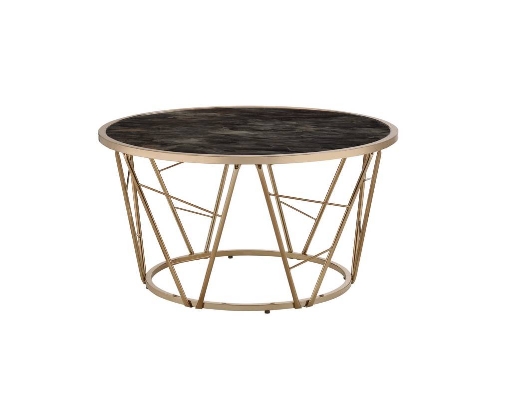 33" Gold Steel And Faux Black Marble Round Top Coffee Table By Homeroots | Coffee Tables | Modishstore - 3