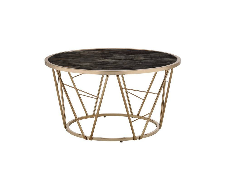 33" Gold Steel And Faux Black Marble Round Top Coffee Table By Homeroots | Coffee Tables | Modishstore - 3