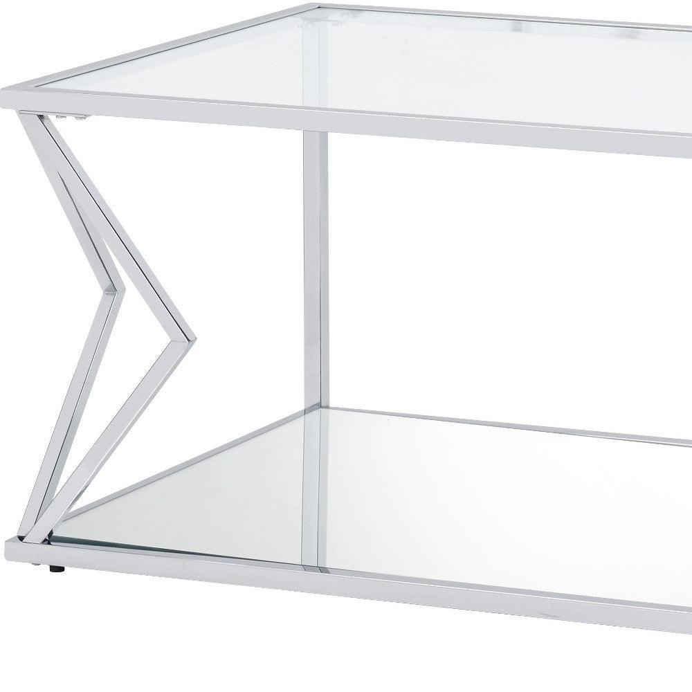 43" Chrome And Clear Glass Rectangular Coffee Table With Shelf By Homeroots | Coffee Tables | Modishstore - 5