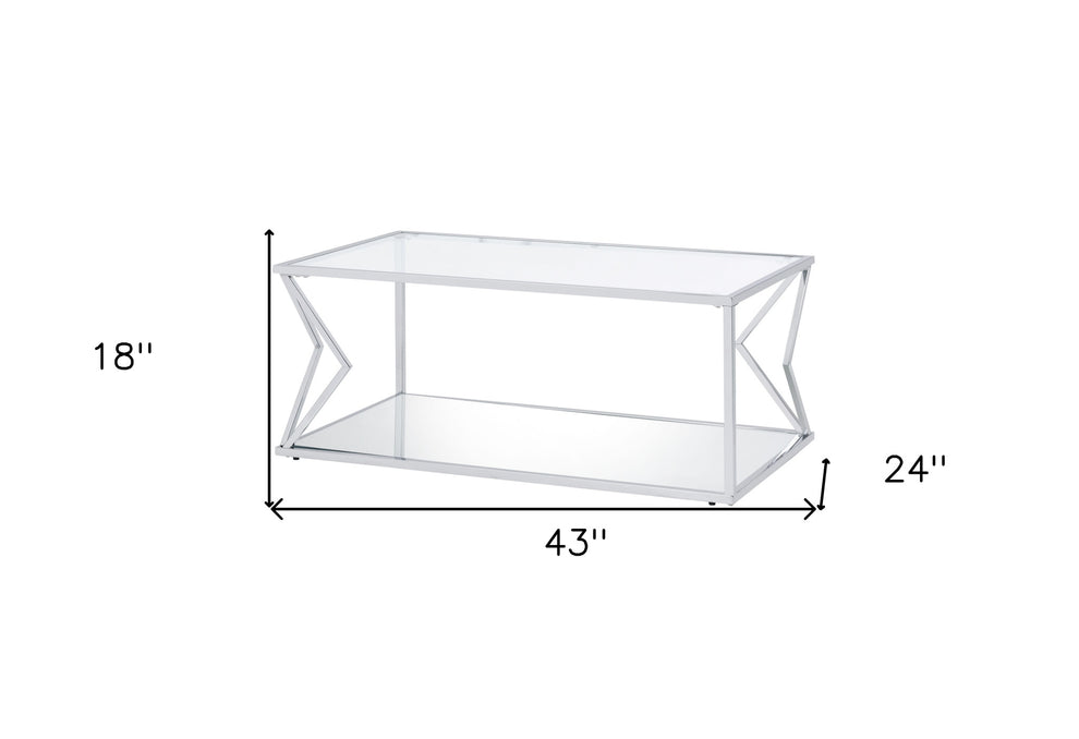 43" Chrome And Clear Glass Rectangular Coffee Table With Shelf By Homeroots | Coffee Tables | Modishstore - 6