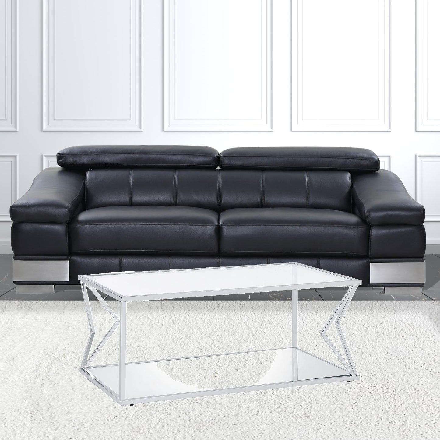 43" Chrome And Clear Glass Rectangular Coffee Table With Shelf By Homeroots | Coffee Tables | Modishstore