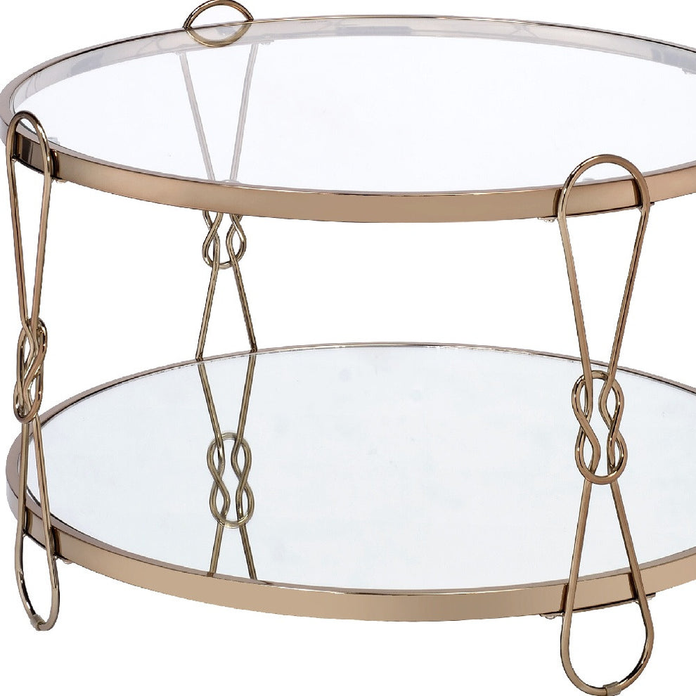 32" Champagne And Silver Mirrored Round Mirrored Coffee Table With Shelf By Homeroots | Coffee Tables | Modishstore - 5