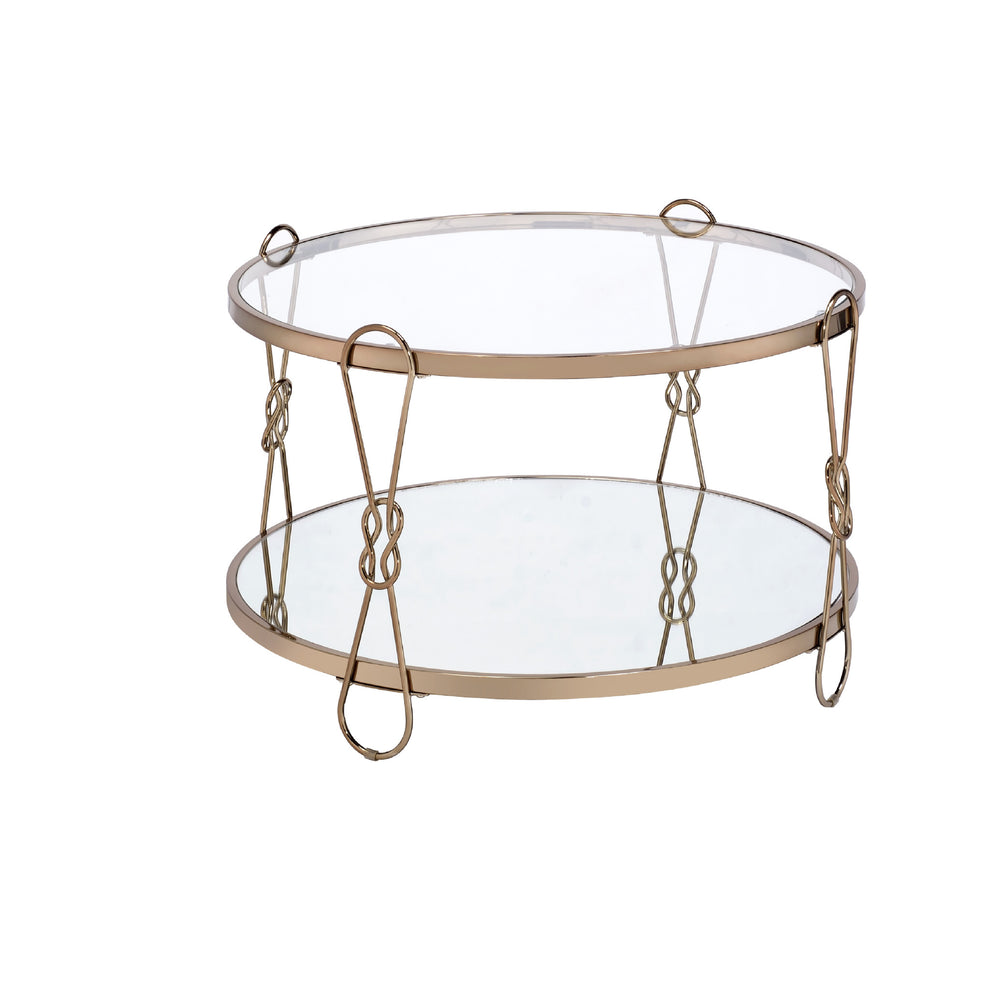 32" Champagne And Silver Mirrored Round Mirrored Coffee Table With Shelf By Homeroots | Coffee Tables | Modishstore - 2