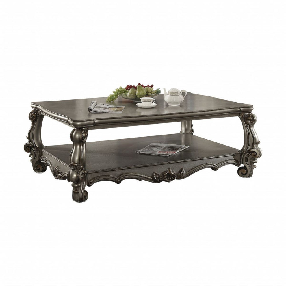59" Antique Platinum Manufactured Wood Rectangular Coffee Table With Shelf By Homeroots | Coffee Tables | Modishstore - 2