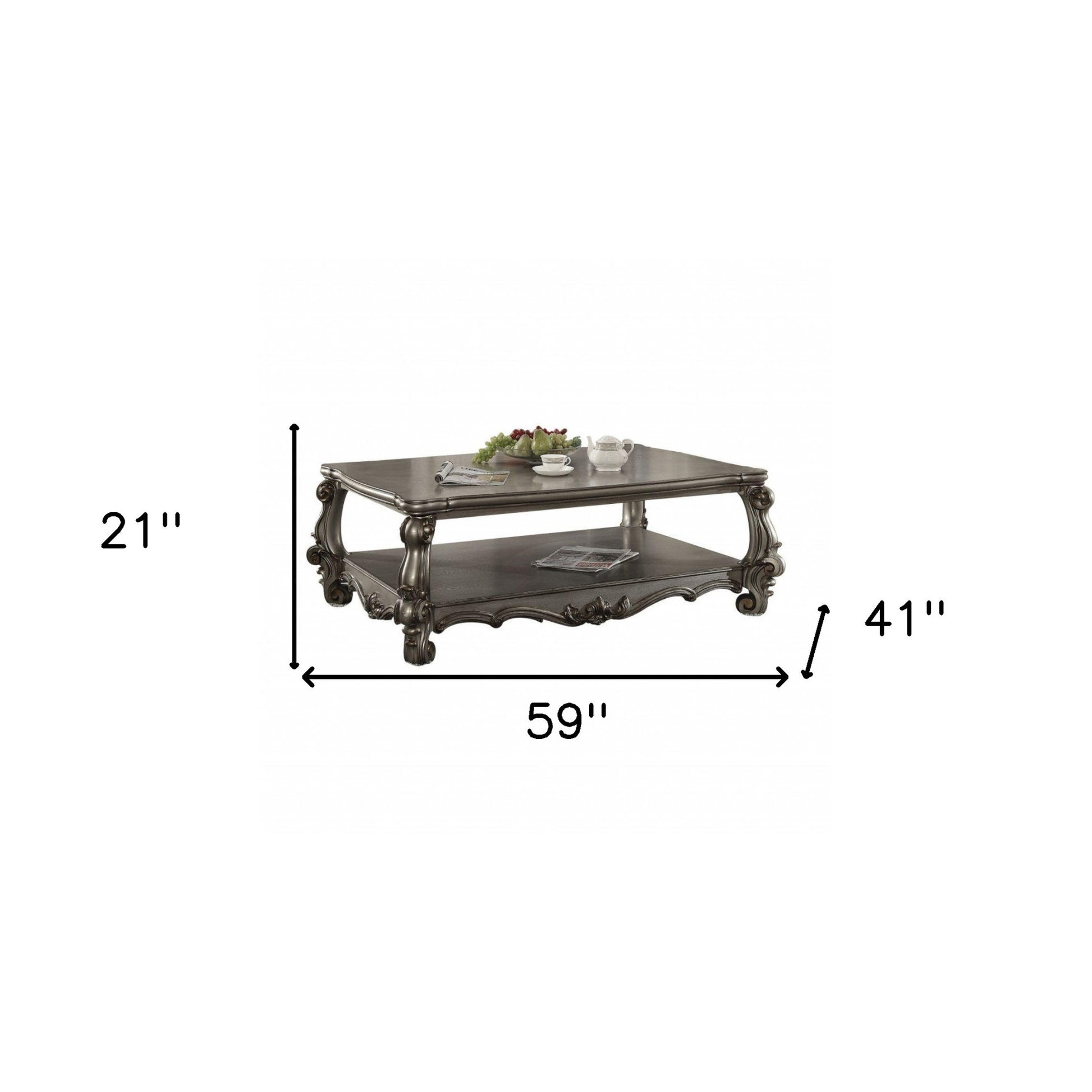 59" Antique Platinum Manufactured Wood Rectangular Coffee Table With Shelf By Homeroots | Coffee Tables | Modishstore - 5
