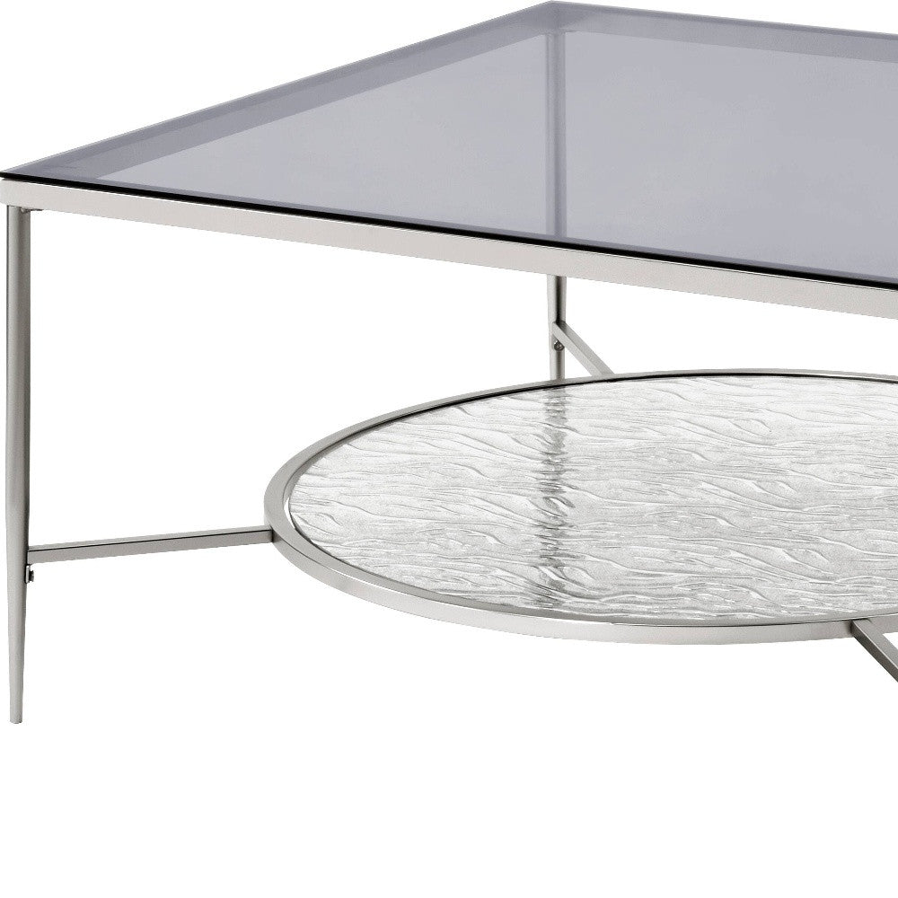 32" Chrome And Clear Glass Square Coffee Table With Shelf By Homeroots | Coffee Tables | Modishstore - 5