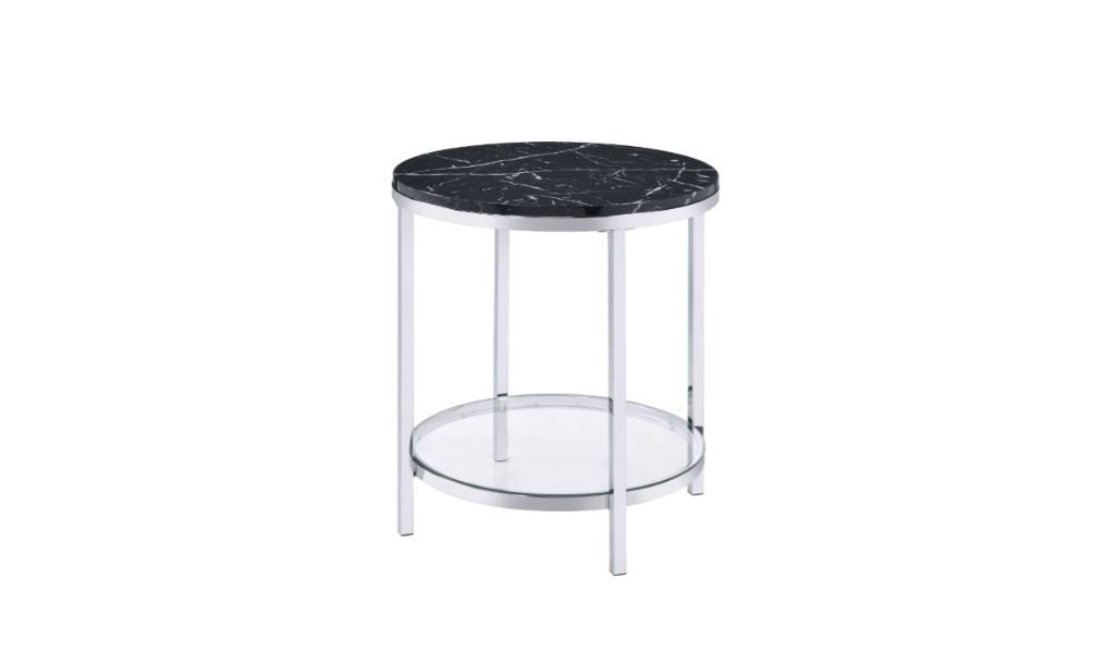 25" Chrome And Black Faux Marble And Metal Round End Table With Shelf By Homeroots