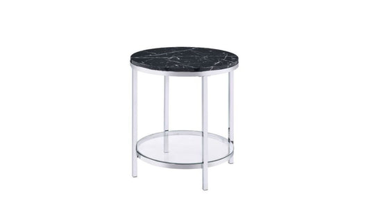 25" Chrome And Black Faux Marble And Metal Round End Table With Shelf By Homeroots