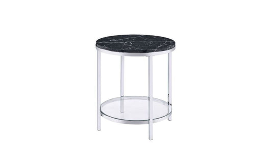 25" Chrome And Black Faux Marble And Metal Round End Table With Shelf By Homeroots | End Tables | Modishstore