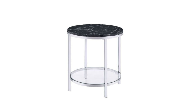 25" Chrome And Black Faux Marble And Metal Round End Table With Shelf By Homeroots | End Tables | Modishstore