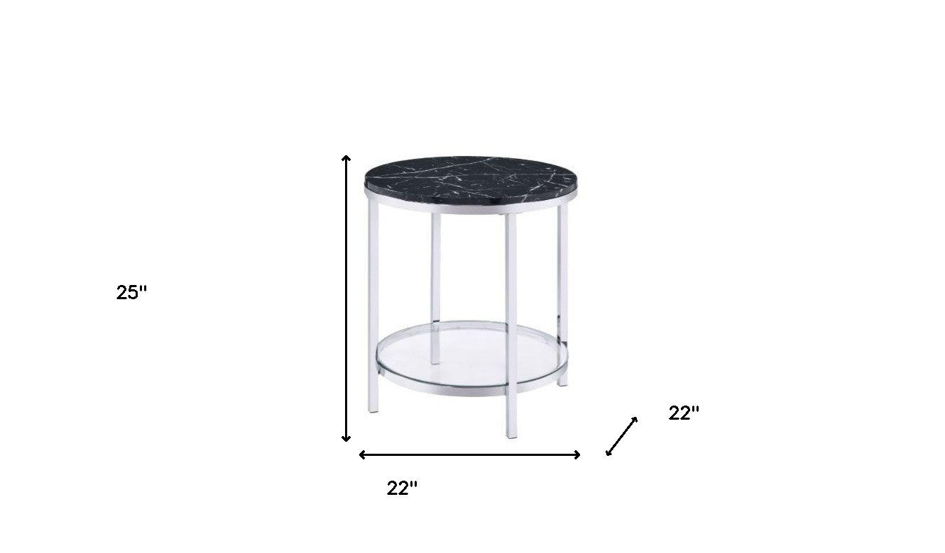 25" Chrome And Black Faux Marble And Metal Round End Table With Shelf By Homeroots | End Tables | Modishstore - 5