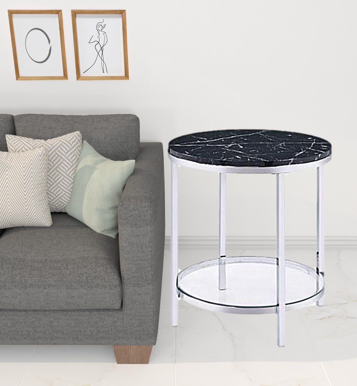25" Chrome And Black Faux Marble And Metal Round End Table With Shelf By Homeroots | End Tables | Modishstore - 2