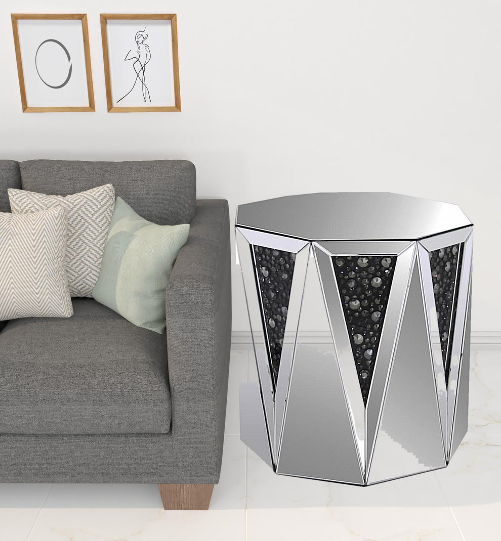 24" Silver And Faux Crystals Octagon Mirrored End Table By Homeroots | End Tables | Modishstore - 2